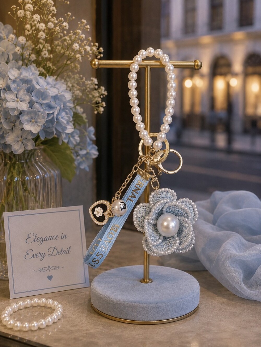 Blue & White Camellia Key Charm Wristlet
